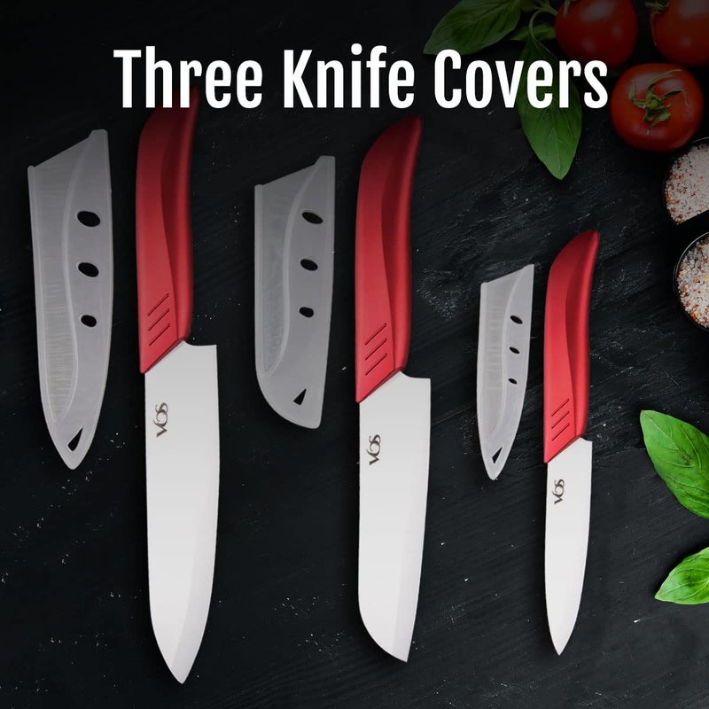 Vos Ceramic Knife Set in Elegant Gift Box, Ceramic Knives Set For Kitchen, Ultra Sharp Kitchen Knife Set with Covers, 4" 5" 6" Paring, Santoku & Chef Knife, Lightweight, Dishwasher safe (Red Handle) - Image 5
